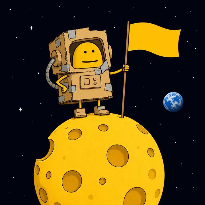 The FLORKE community character in a cardboard astronaut suit planting a yellow flag on a yellow moon