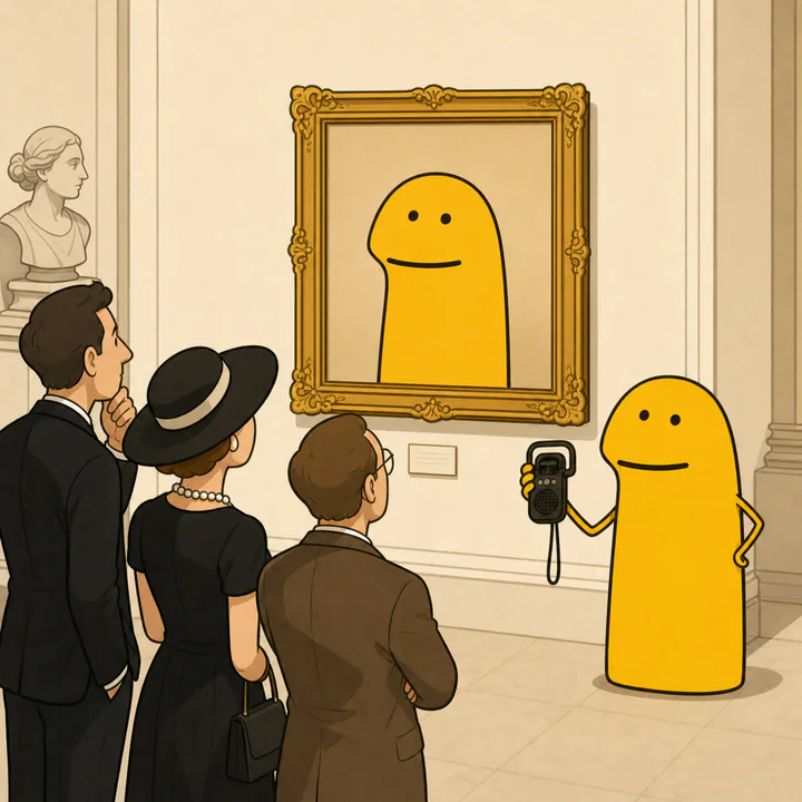 The FLORKE community character giving museum visitors an audio tour of a framed portrait