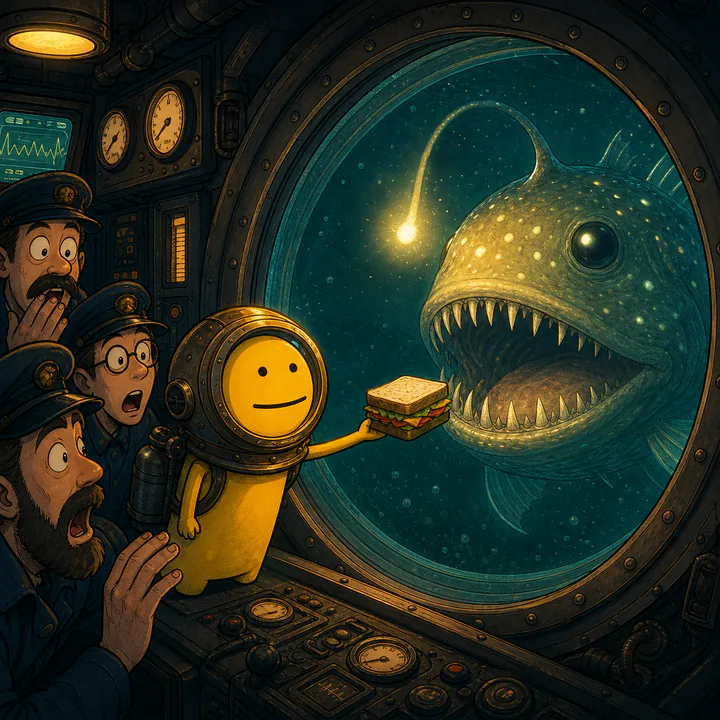 The FLORKE community character in a submarine offering a sandwich to a giant anglerfish outside the porthole