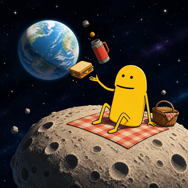 The FLORKE community character having a picnic on a small moon while a sandwich and thermos float nearby