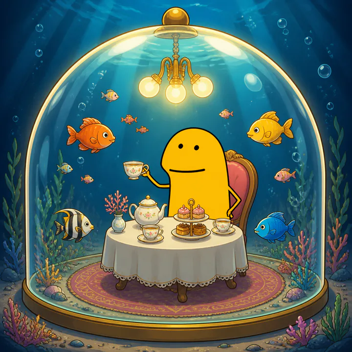 The FLORKE community character taking tea inside a glass dome at the bottom of the sea