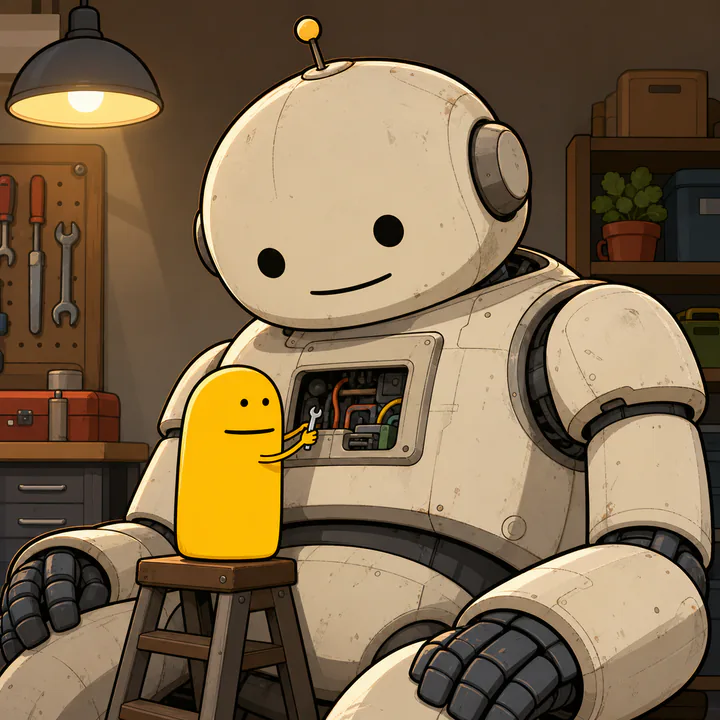A tiny FLORKE community character standing on a stool and repairing the open chest panel of a giant friendly robot