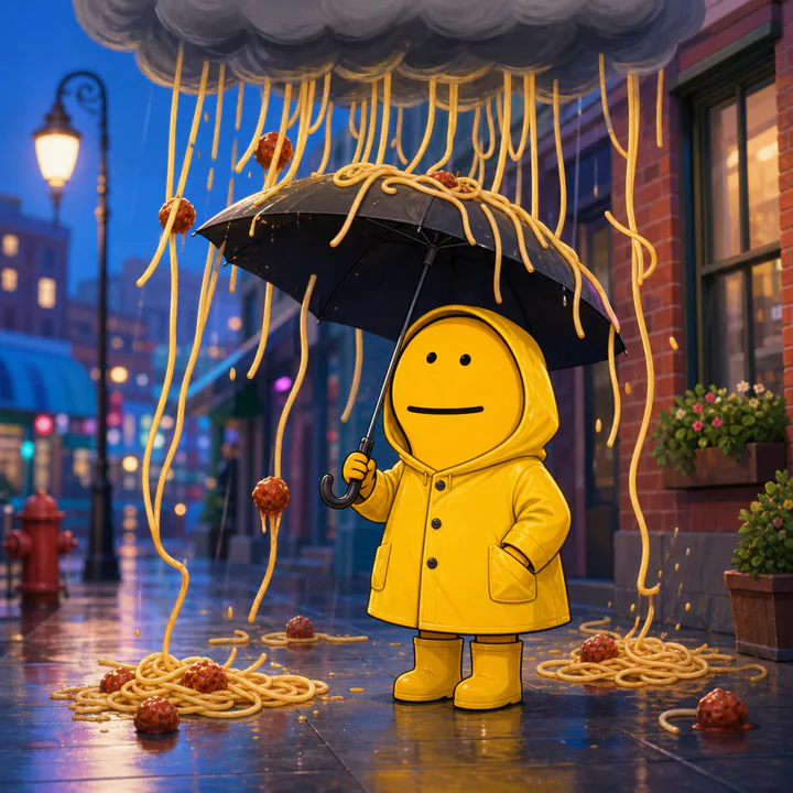The FLORKE community character in a yellow raincoat holding an umbrella during a storm of spaghetti and meatballs