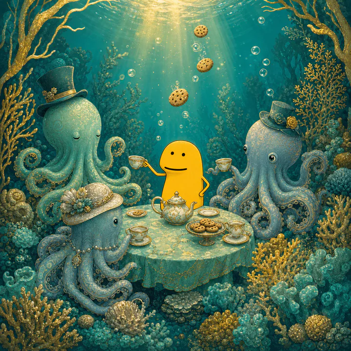 The FLORKE community character sharing an underwater tea table with three elegantly dressed octopuses