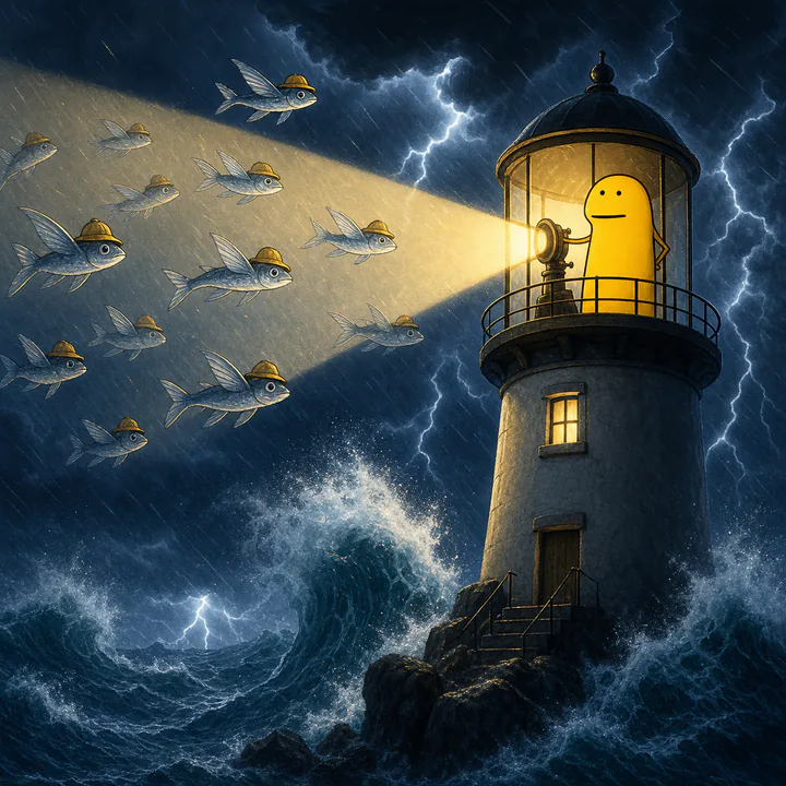The FLORKE community character operating a lighthouse in a storm while fish wearing small helmets fly through the beam
